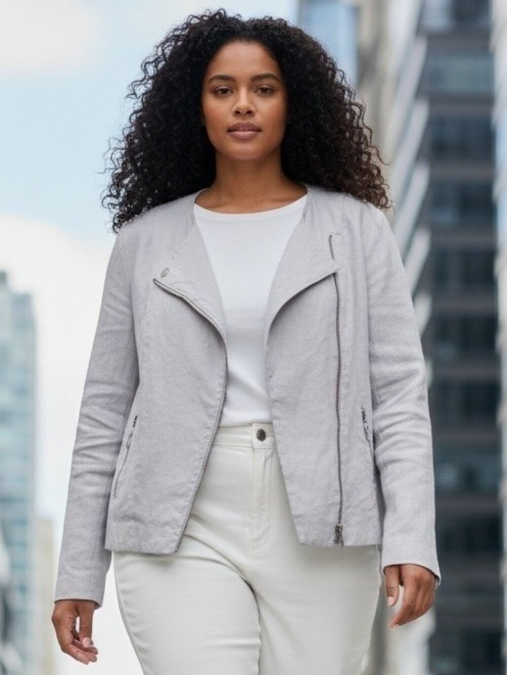 East Linen Moto Style Jacket Collarless Asymmetric Zip Women's UK 18 Plus Size